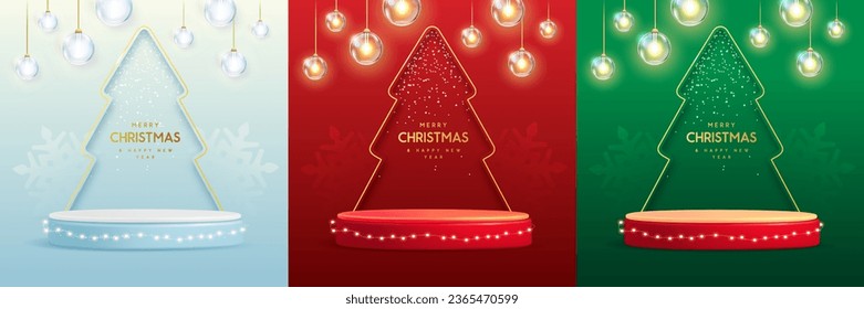 Set of holiday Christmas showcase backgrounds with 3d podium, Christmas tree cut out silhouette and string of lights. Vector illustration