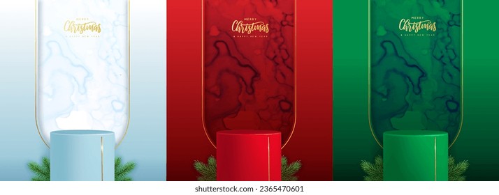Set of holiday Christmas showcase backgrounds with 3d podium and marble texture. Vector illustration