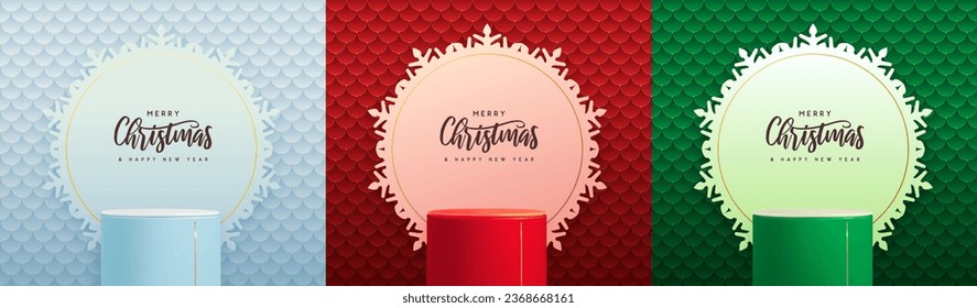 Set of holiday Christmas showcase backgrounds with 3d podium and snowflake cut out silhouette. Vector illustration