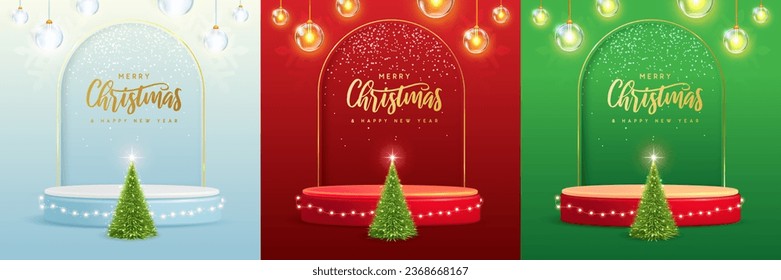 Set of holiday Christmas showcase backgrounds with 3d podium, Christmas tree and string of lights. Vector illustration