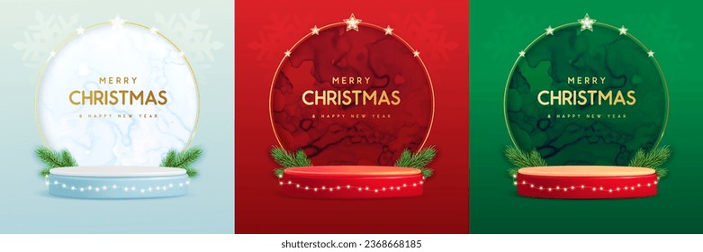 Set of holiday Christmas showcase backgrounds with 3d podium and marble texture. Vector illustration