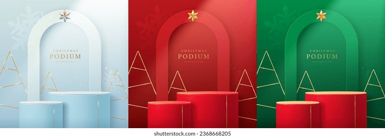 Conjunto de fondo navideño navideño con podos 3d, árboles de Navidad metálicos y arco. Resumen de la escena mínima. Ilustración del vector