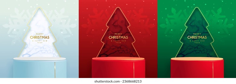 Set of holiday Christmas showcase backgrounds with 3d podium and Christmas tree cut out silhouette. Vector illustration