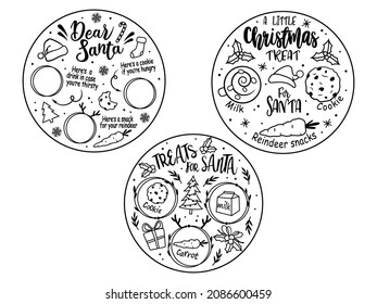 Set of Holiday Christmas tray. Collection of snacks plate for Santa's with place for milk, cookies, carrot for deer. Vector illustration of Christmas tray template. Home decoration.