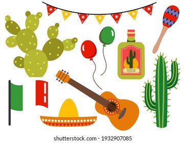 Set for the holiday Cinco de mayo. Hand-drawn flat style. White background, isolate. Vector illustration.