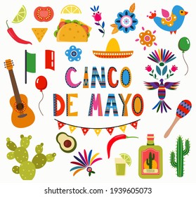 Set for the holiday Cinco de mayo. Hand-drawn flat style. White background, isolate. Vector illustration.	