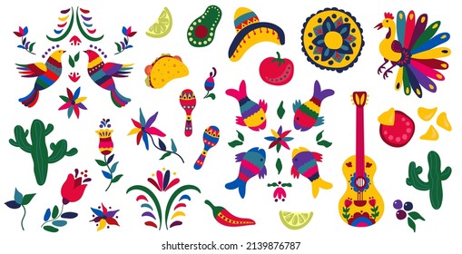 Set for the holiday Cinco de mayo. Hand-drawn flat style. White background, isolate. Vector illustration.	