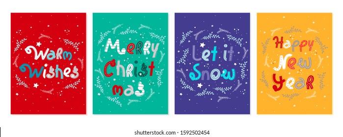Set of holiday color postcard with lettering. Winter postcard template. Collection color postcards with holiday elements. Christmas and New Year vector illustrations with congratulation