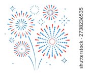 Set of holiday colorful firework explosion isolated on white background. Independence day of America. Vector illustration
