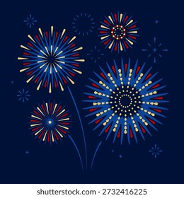 Conjunto de feriado colorido explosão fogos de artifício isolado no fundo azul escuro. Dia da Independência da América. Ilustração vetorial