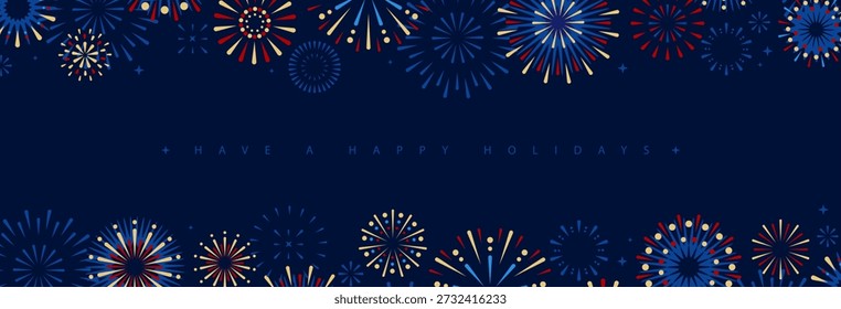 Conjunto de feriado colorido explosão fogos de artifício isolado no fundo azul escuro. Dia da Independência da América. Ilustração vetorial