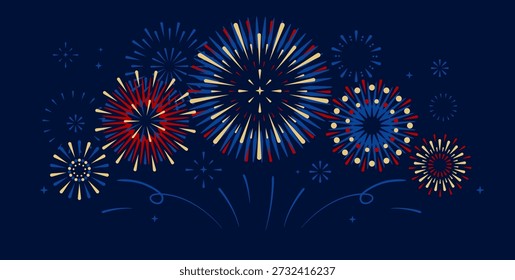Conjunto de explosión de fuegos artificiales coloridos de vacaciones aislados sobre fondo azul oscuro. Día de la Independencia de América. Ilustración vectorial
