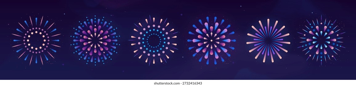 Set von Feiertagen bunte Feuerwerk Explosion einzeln auf dunkelblauem Hintergrund. Unabhängigkeitstag, Neujahr, traditionelles Festival oder Event-Feier. Vektorgrafik