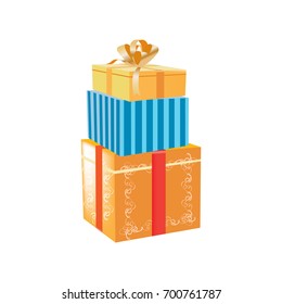 Set of holiday colorful gift boxes, packages and bags for gifts concept. Gift boxes of different colors and shapes, with beautiful ribbons in decor. Christmas gift box. Vector illustration isolated.