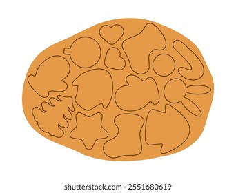 A set of holiday cookies on a rolled out layer of raw baking dough. Vector blank cookies of various shapes, Christmas tree, sock, mitten, star, New Year's ball, hare, houses, heart. Isolated drawing. 