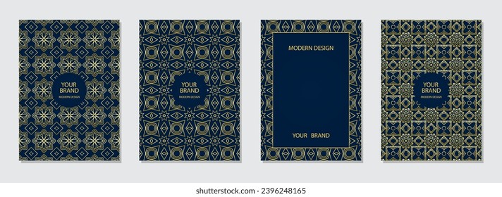 Conjunto de portadas de vacaciones, plantillas verticales. Colección de antecedentes geométricos con un patrón de oro étnico en estilo hecho a mano. Arabescos de Oriente, Asia, India, África, México, Azteca, Perú. 