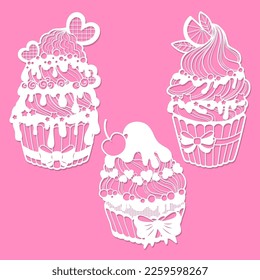 A set of holiday cupcakes. Template for laser cutting of any materials. For the design of postcards, menus, interior elements, Christmas decorations, stencils, etc. Vector