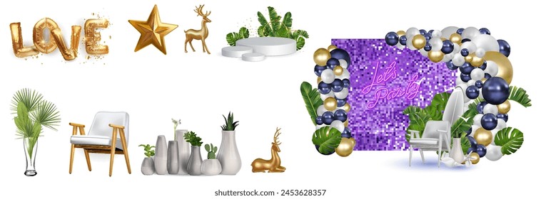 A set of holiday decoration items, golden balls, shiny background, vases with flowers, 3d scene design.