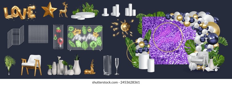 A set of holiday decoration items, golden balls, shiny background, vases with flowers, 3d scene design.