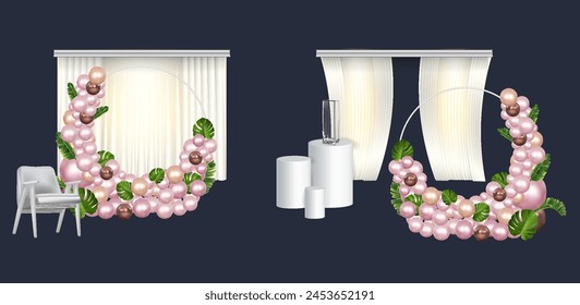 A set of holiday decoration items, golden balls, shiny background, vases with flowers, 3d scene design.