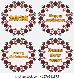 Set of Holiday decoration wreaths. Garlands with poinsettia, holly and stars. Christmas round mandala frame with new year greeting text