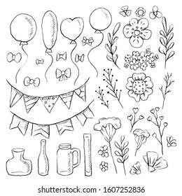 Set of holiday decorations for invitations and cards. Pencil sketch with hatching. Balloons, flowers, herbs, vases, flags and bows. Vector rustic objects separate from the background.