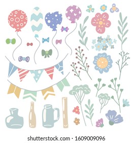 Set of holiday decorations for invitations and cards. Flat hand drawn items. Balloons, flowers, herbs, vases, flags and bows. Vector gentle objects separate from the background.