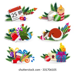 Set of holiday decorations with pine branches and Christmas symbols on transparent background