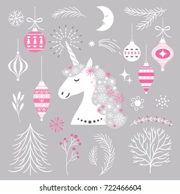 set of holiday design elements on gray color