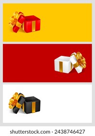 Set of holiday design templates with 3d realistic open gift box on various background. Perfect for advertising banner, sale announcement, birthday, anniversary celebration etc. Vector illustration
