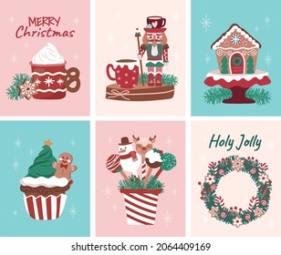 Set of Holiday desserts nutcracker and sweets illustration for cards, media, fabric and wallpaper