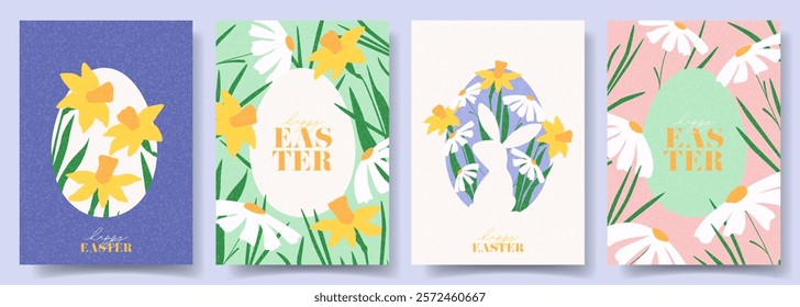 Set of holiday Easter cards. Creative Easter vector illustration with eggs, spring flowers and grass. Contemporary posters for design of party, celebration, ad, branding, cover, card, sale.