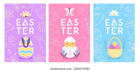 Set of holiday  Easter flat party posters with rabbit, Easter eggs, willow branch, chicken and flowers. Vector illustration