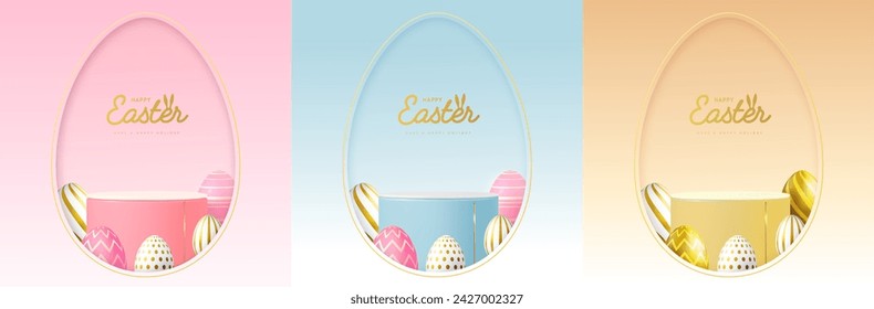 Set of Holiday Easter showcase backgrounds with 3d podium and colorful easter eggs. Vector illustration