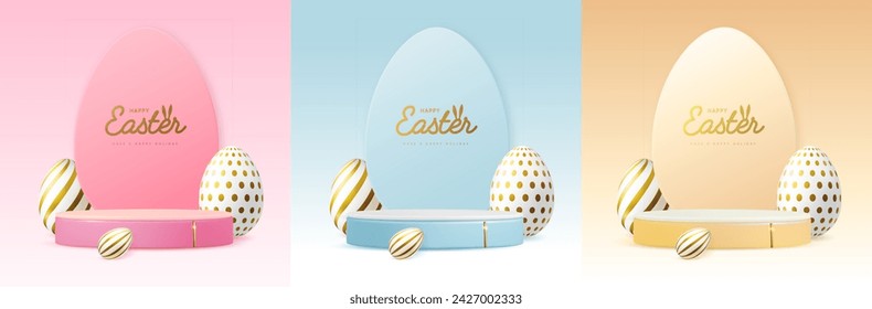 Set of Holiday Easter showcase backgrounds with 3d podium and colorful easter eggs. Vector illustration