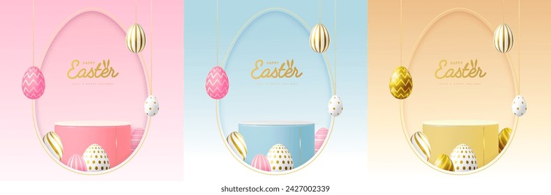 Set von Holiday Easter Showcase Hintergründe mit 3D-Podium und bunten Ostereiern. Vektorgrafik