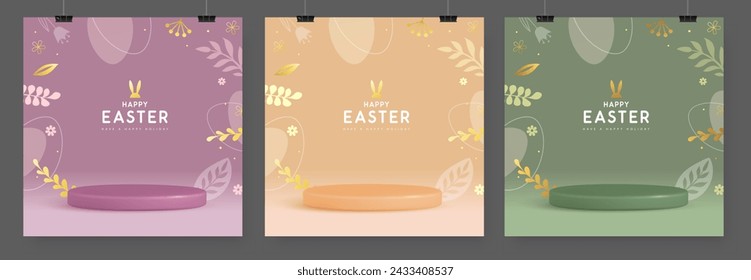 Set of Holiday Easter showcase backgrounds with 3d podium, floral ornament and rabbit ears. Vector illustration