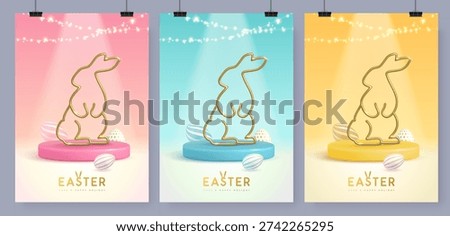 Set of Holiday Easter showcase  backgrounds with 3d podium, metal golden rabbit silhouette and string of light. Vector illustration