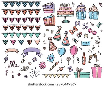 Set of holiday elements, cakes, cupcakes, balls, fireworks, gifts, flags, candies. Vector graphics for birthday, for card design, paper design, print. Line style
