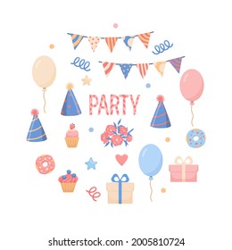 A set of holiday elements, a garland, balloons, confetti, cupcakes. Flat vector illustration.