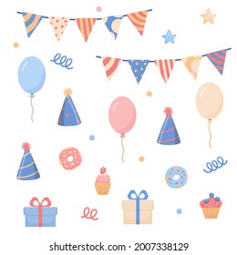 A set of holiday elements, a garland, balloons, confetti, cupcakes. Flat vector illustration.