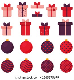 set of holiday elements - gift boxes and christmas balls. Vector illustration