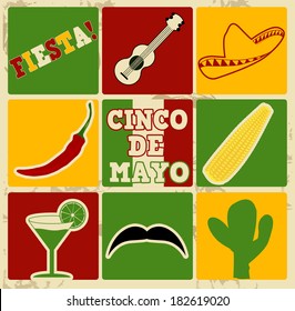 Set of holiday elements and icons on vintage poster with 5th of May  (Cinco de Mayo), vector illustration