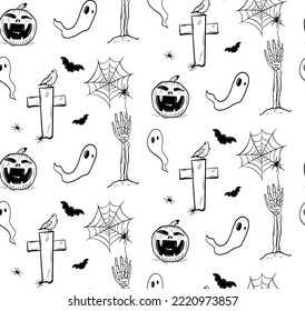 Set of holiday elements as spooky, pumpkin, spider and cemetery hand. Hand drawn vector black and white Halloween pattern isolated on white background.
