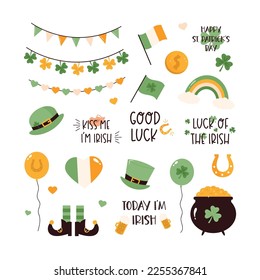 Set of holiday elements, symbols for St. Patricks Day. Vector colorful designs, stickers isolated on white background