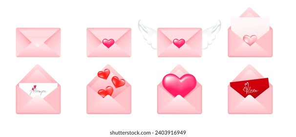 Set of holiday envelopes. Love letter for Valentine's Day, Mother's Day, Women's Day. Open and closed pink envelopes with 3D hearts, letters. Vector illustration.