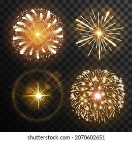 Set of holiday festival gold fireworks on transparent dark background. Vector illustration