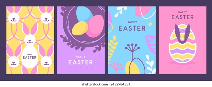 Set of holiday flat Easter posters with rabbit ears, Easter eggs, willow branch and floral elements. Vector illustration