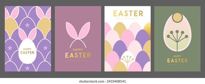 Set of holiday flat Easter posters with rabbit ears, Easter eggs, flowers and patterns. Vector illustration