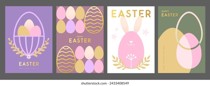 Set of holiday flat Easter posters with rabbit ears, Easter eggs, willow branch and floral elements. Vector illustration